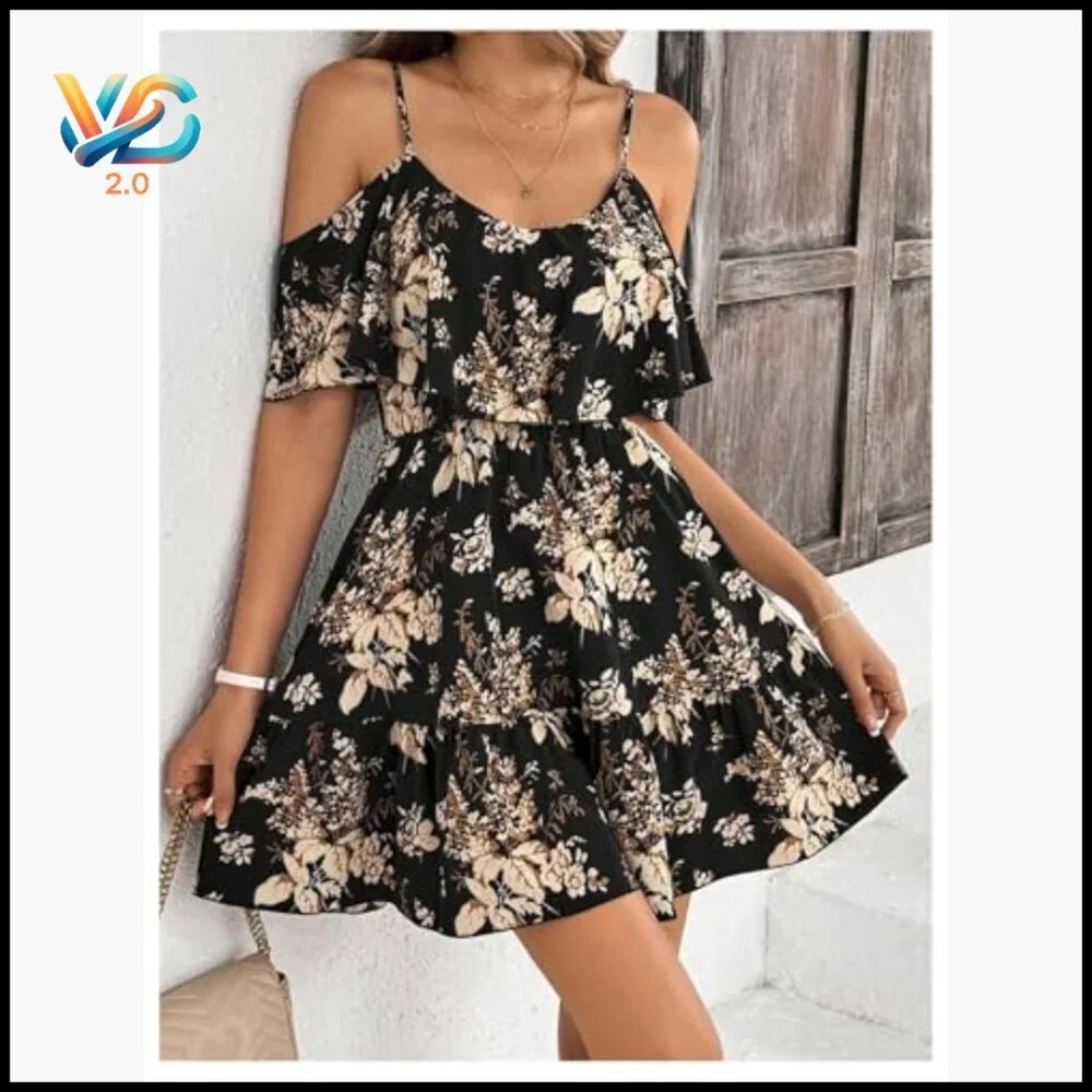 Boho Floral Cold Shoulder Mini Dress Ruffle A-Line Casual Vacation